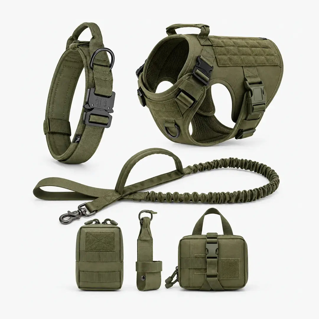 6-Piece Tactical Dog Harness Set for Large Dogs - MOLLE Vest with Collar, Bungee Leash & Pouches