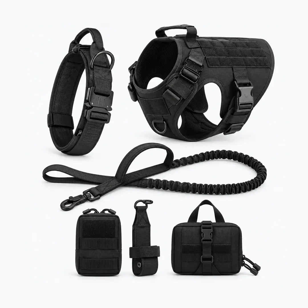 6-Piece Tactical Dog Harness Set for Large Dogs - MOLLE Vest with Collar, Bungee Leash & Pouches