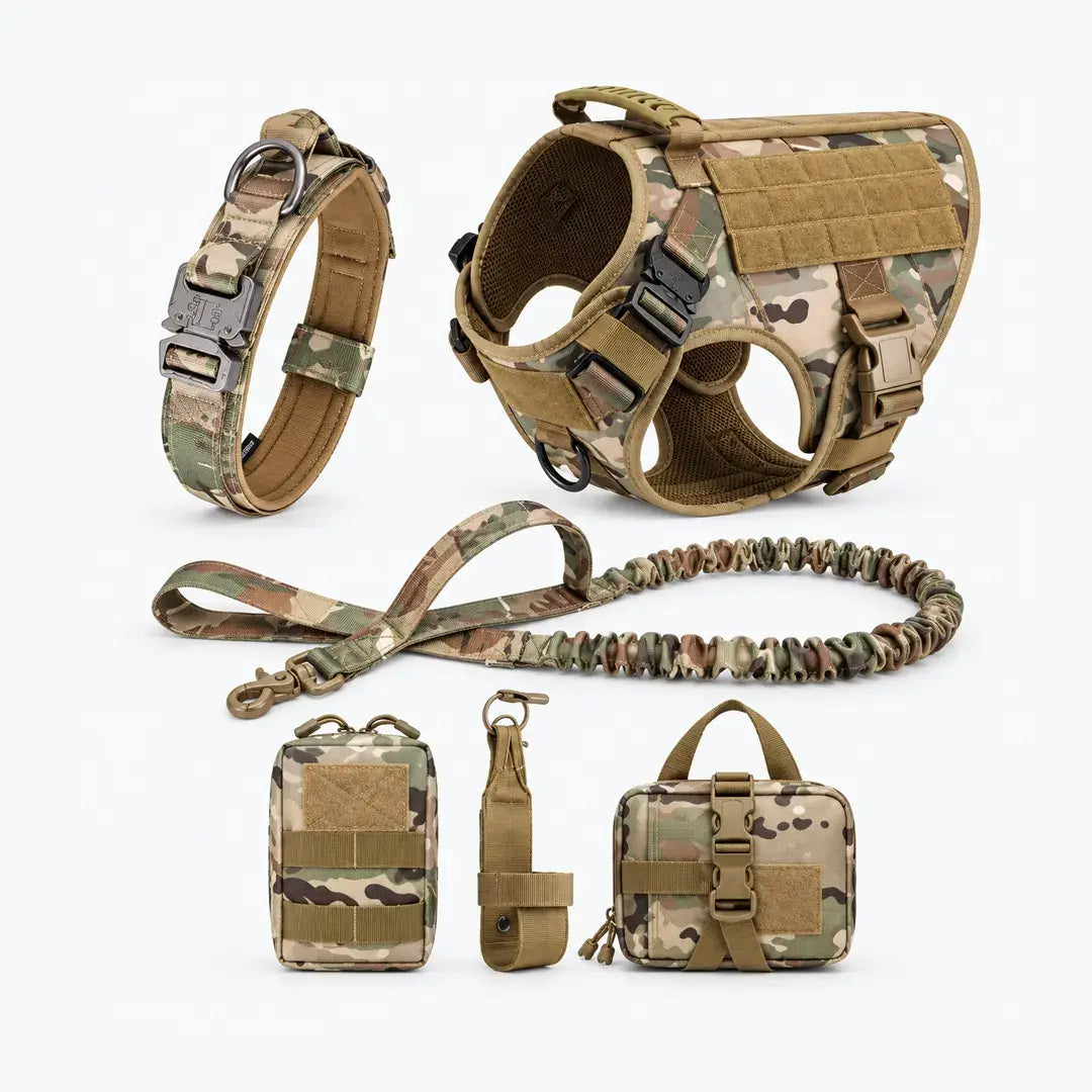 6-Piece Tactical Dog Harness Set for Large Dogs - MOLLE Vest with Collar, Bungee Leash & Pouches