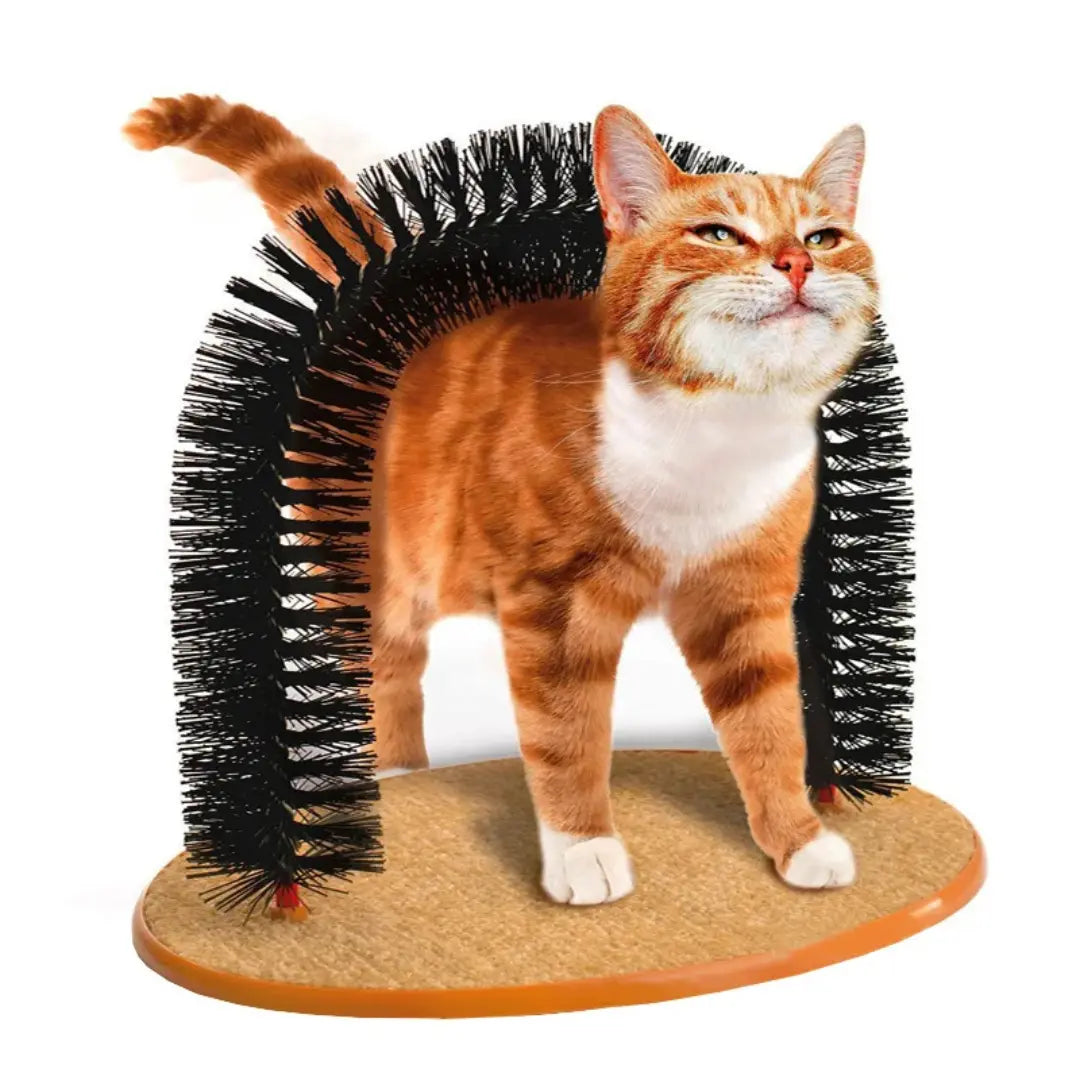 Cat Self Groomer for Indoor Cats, Arch Scratcher, Wooden Base