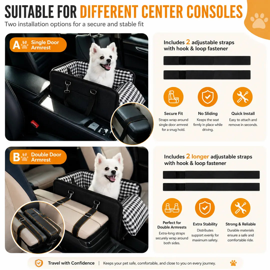 Console Dog Car Seat Booster for Small Dogs & Cats, Safety Leash, Up to 5 kg