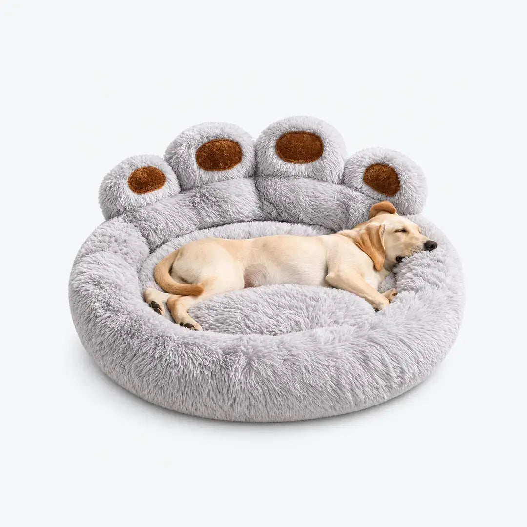 Cozy Bear Paw Dog Bed with Fluffy Raised Backrest for Dogs & Cats