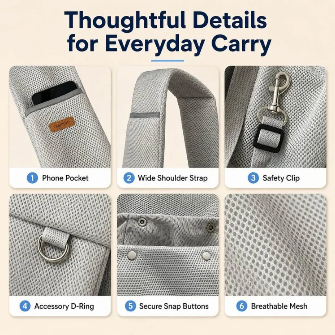 Crossbody Pet Sling Carrier for Small Dogs & Cats, Breathable Hands-Free Shoulder Bag