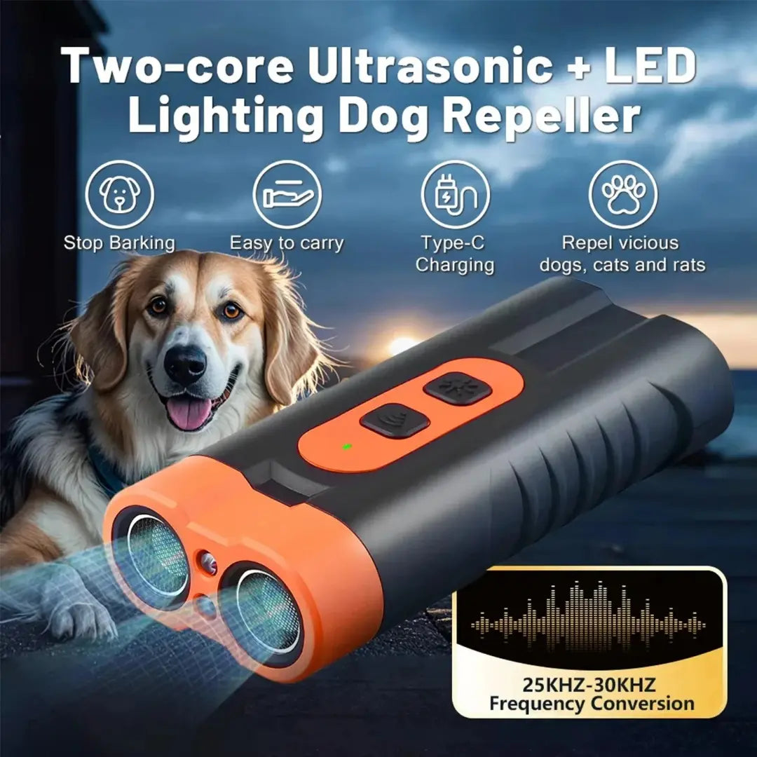 Dual-Head Ultrasonic Anti Barking Dog Device with LED Flashlight