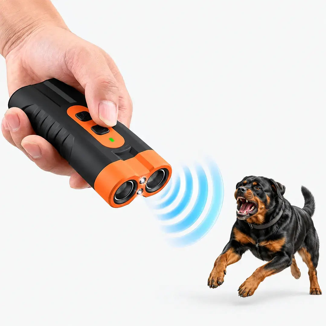 Dual-Head Ultrasonic Anti Barking Dog Device with LED Flashlight