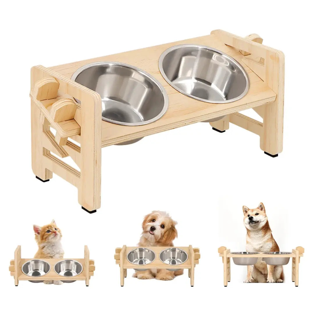 Elevated Dog Bowls for Small Dogs & Cats, Adjustable Wooden Stand
