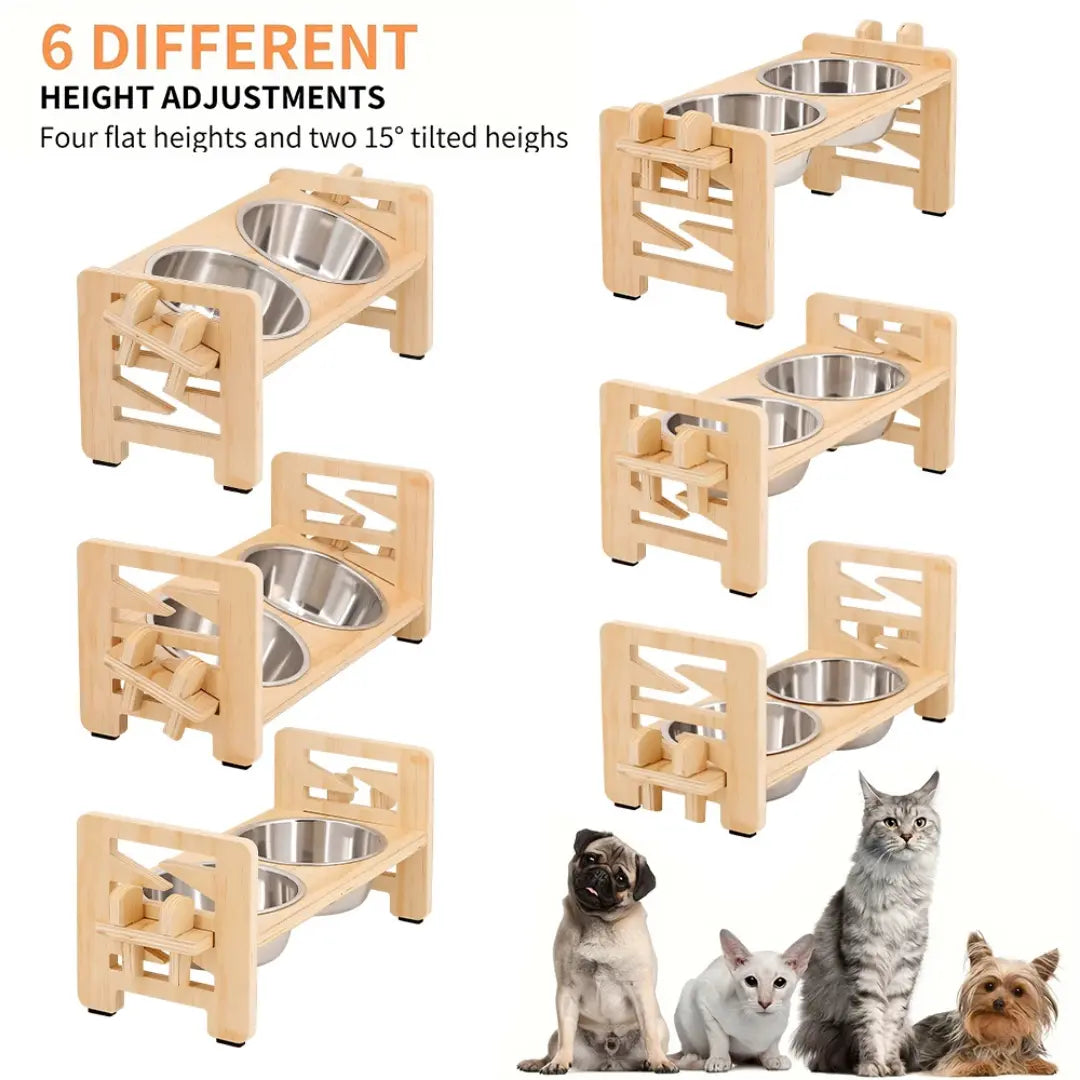 Elevated Dog Bowls for Small Dogs & Cats, Adjustable Wooden Stand