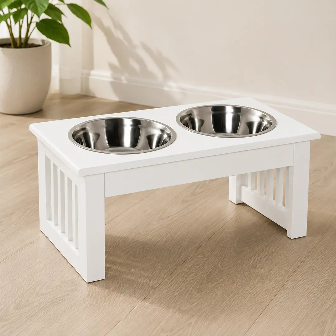 Elevated Dog Bowls for Small Dogs, White Wooden Feeding Station