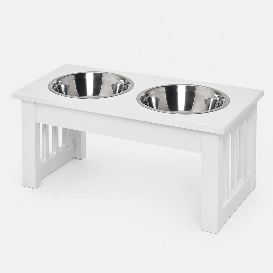 Elevated Dog Bowls for Small Dogs, White Wooden Feeding Station