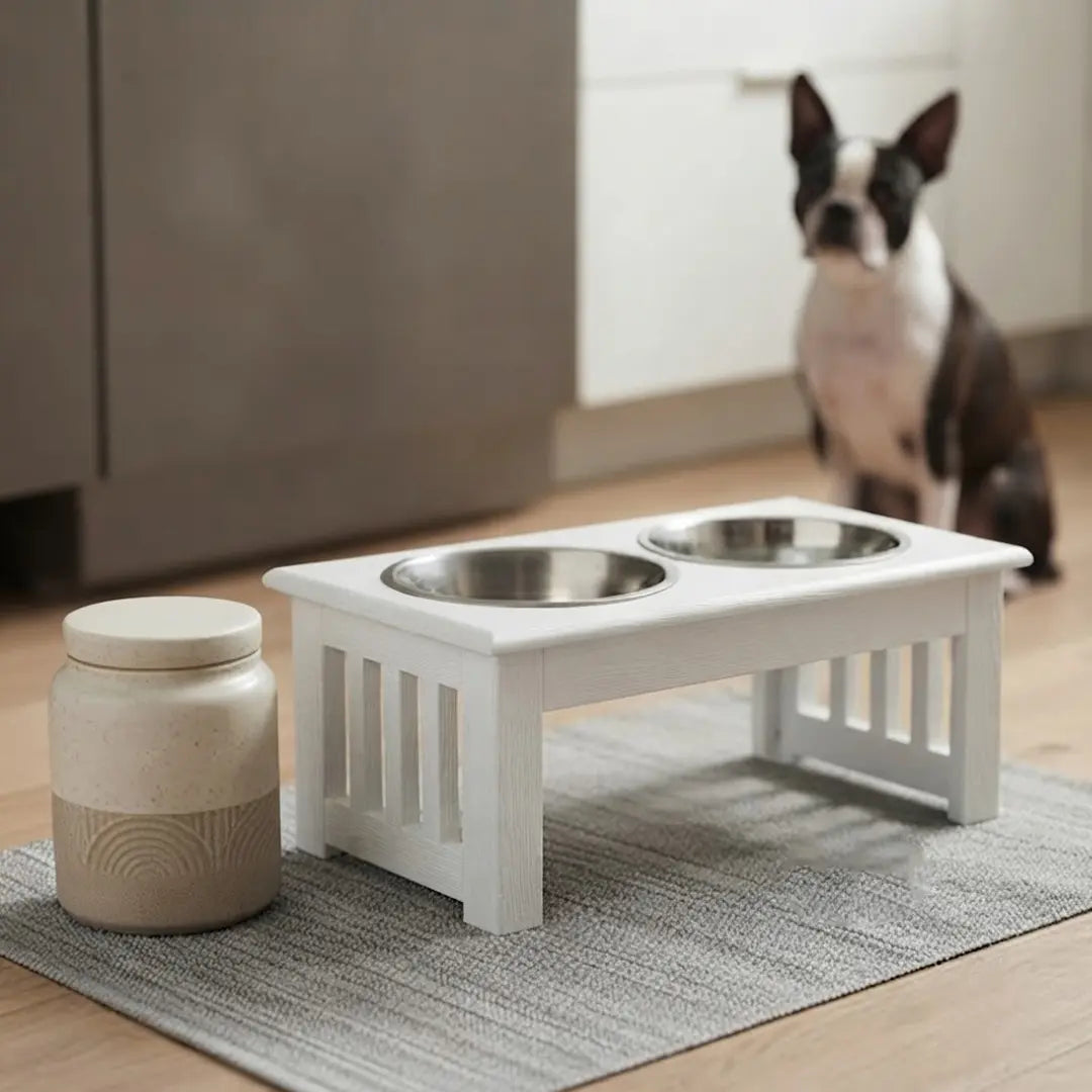 Elevated Dog Bowls for Small Dogs, White Wooden Feeding Station