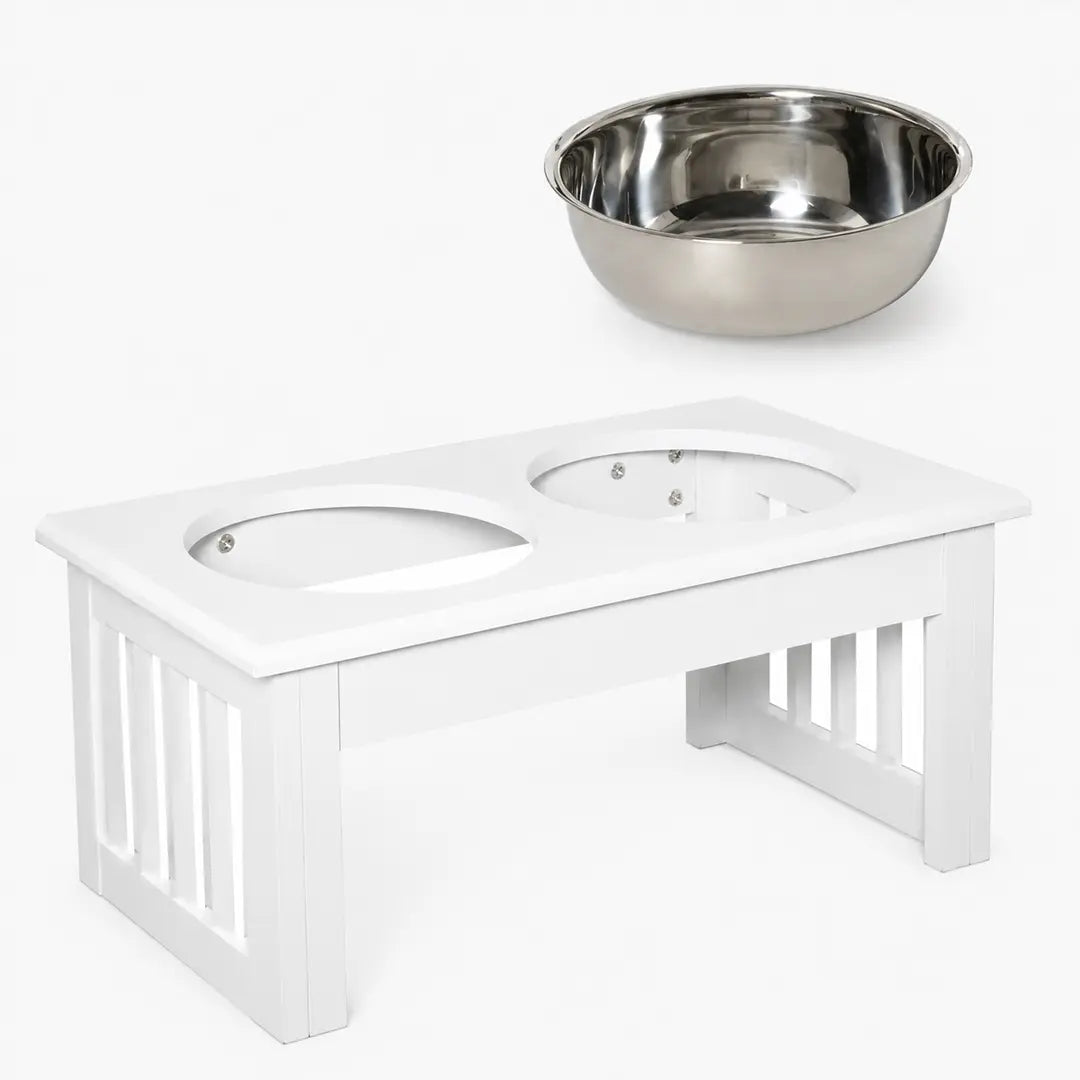 Elevated Dog Bowls for Small Dogs, White Wooden Feeding Station