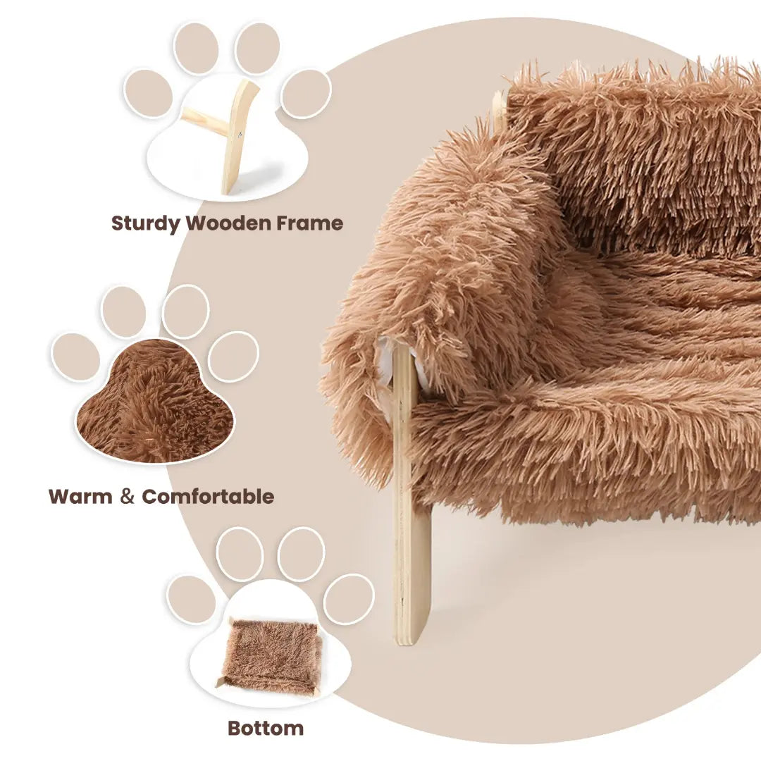 Elevated Wooden Cat Bed Sofa with Soft Plush Cushion for Indoor Cats