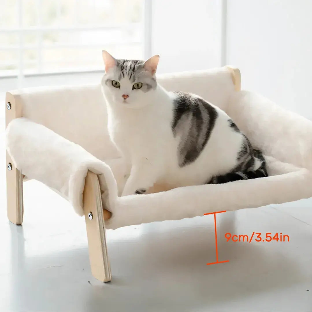 Elevated Wooden Cat Bed Sofa with Soft Plush Cushion for Indoor Cats