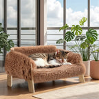 Elevated Wooden Cat Bed Sofa with Soft Plush Cushion for Indoor Cats