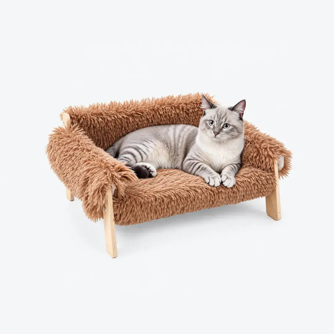 Elevated Wooden Cat Bed Sofa with Soft Plush Cushion for Indoor Cats