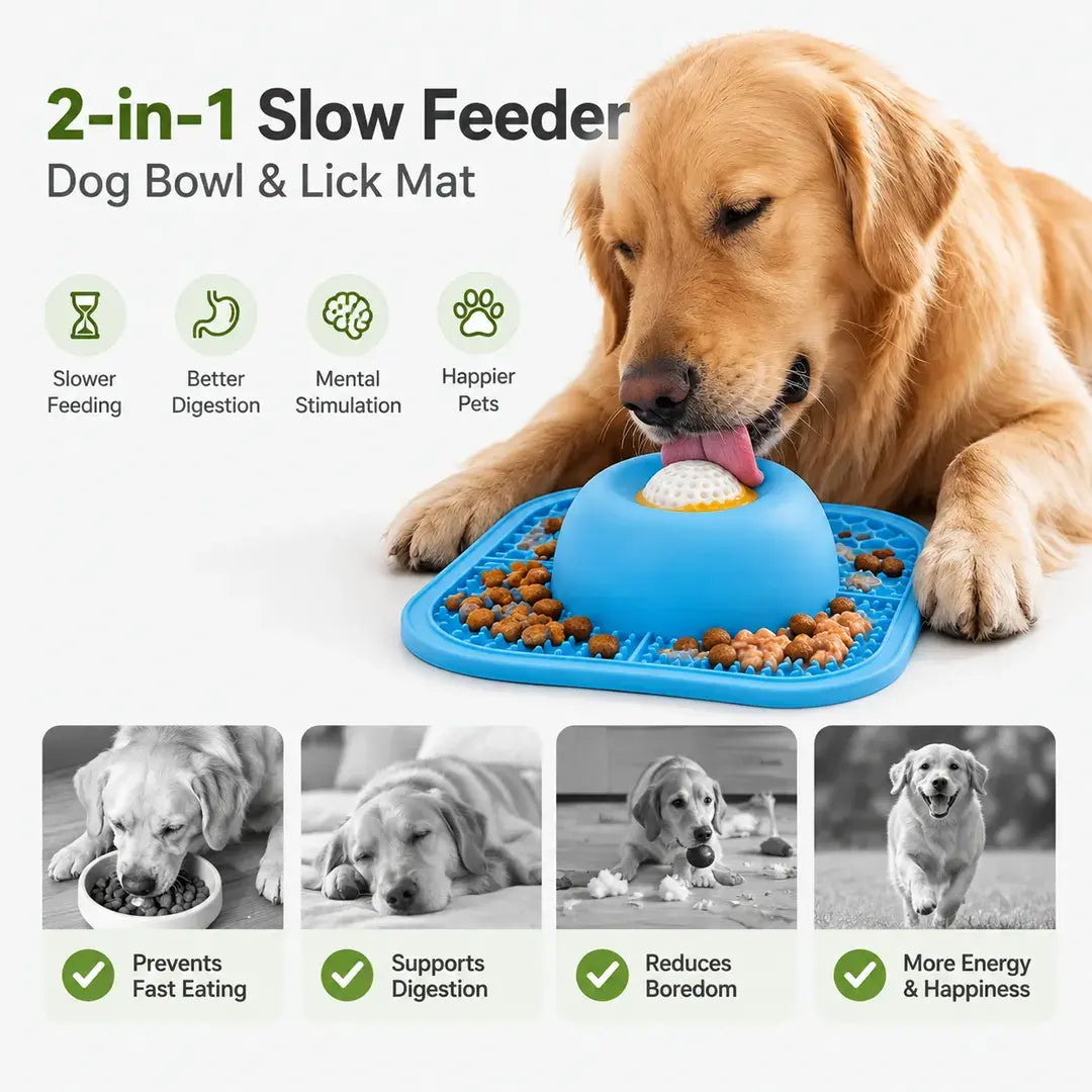 Interactive Treat Slow Feeder Dog Bowl with Rolling Ball & Lick Mat