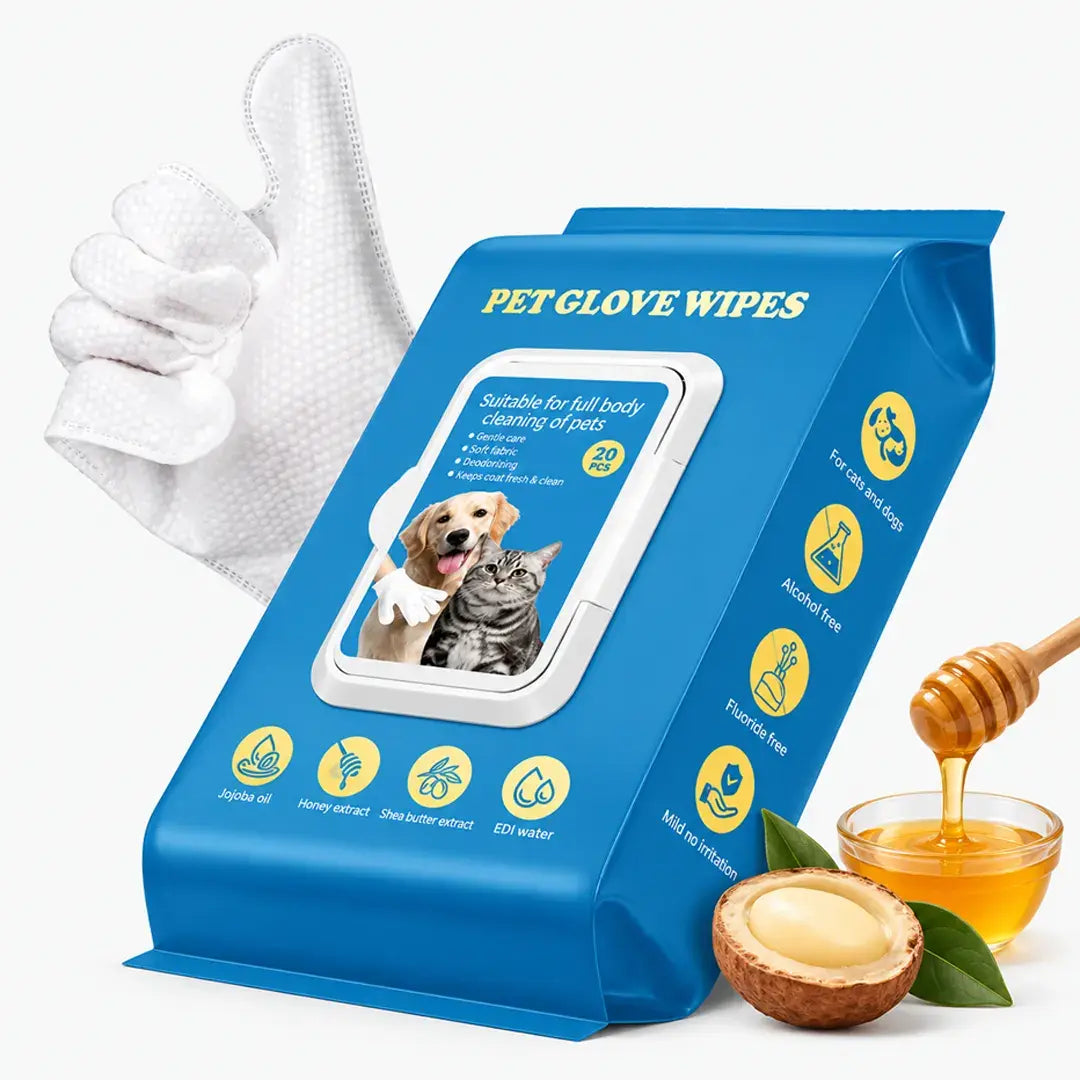 No-Rinse Pet Grooming Glove Wipes for Dogs & Cats - 20 Disposable Mitts