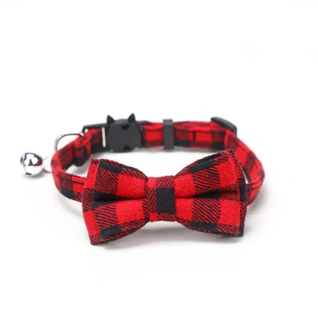 Plaid Bow Tie Breakaway Cat Collar with Bell, Adjustable Cotton Design
