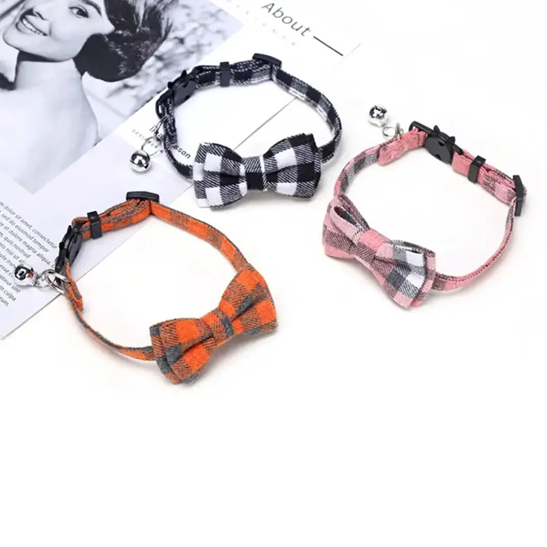 Plaid Bow Tie Breakaway Cat Collar with Bell, Adjustable Cotton Design