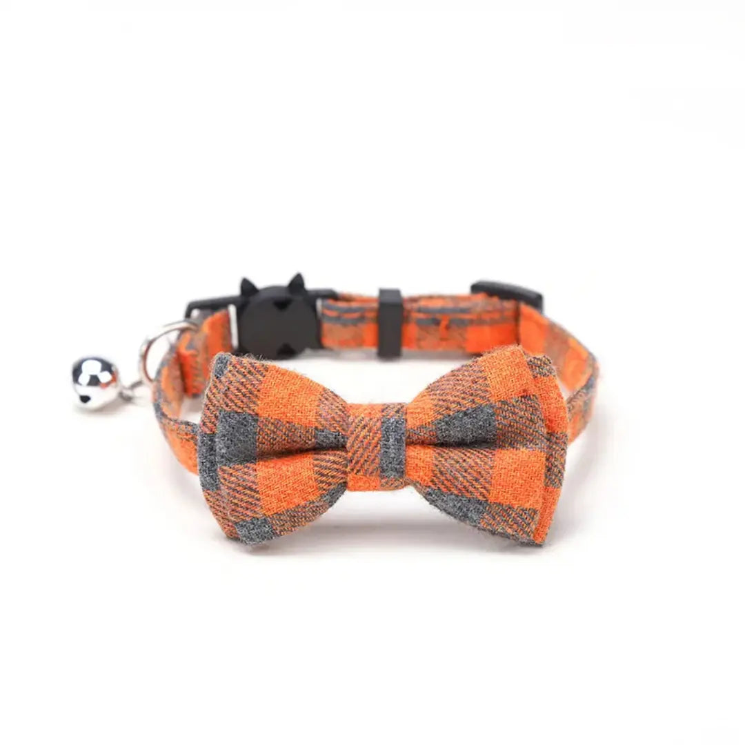 Plaid Bow Tie Breakaway Cat Collar with Bell, Adjustable Cotton Design