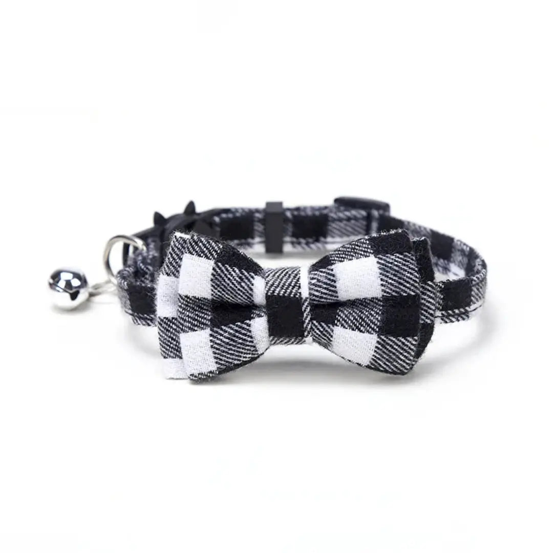 Plaid Bow Tie Breakaway Cat Collar with Bell, Adjustable Cotton Design