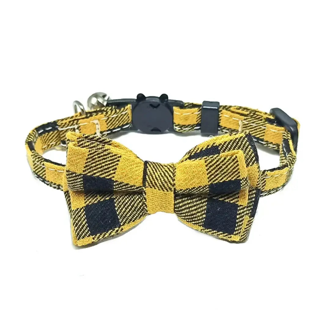 Plaid Bow Tie Breakaway Cat Collar with Bell, Adjustable Cotton Design