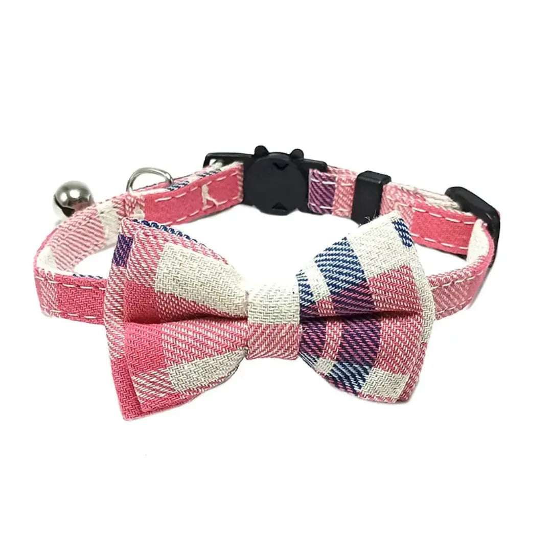 Plaid Bow Tie Breakaway Cat Collar with Bell, Adjustable Cotton Design