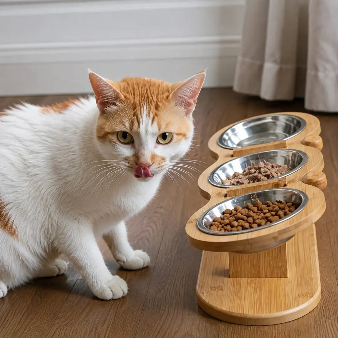 Raised Triple Pet Feeder, 15° Tilt Stainless Steel Bowls for Cats and Small Dogs
