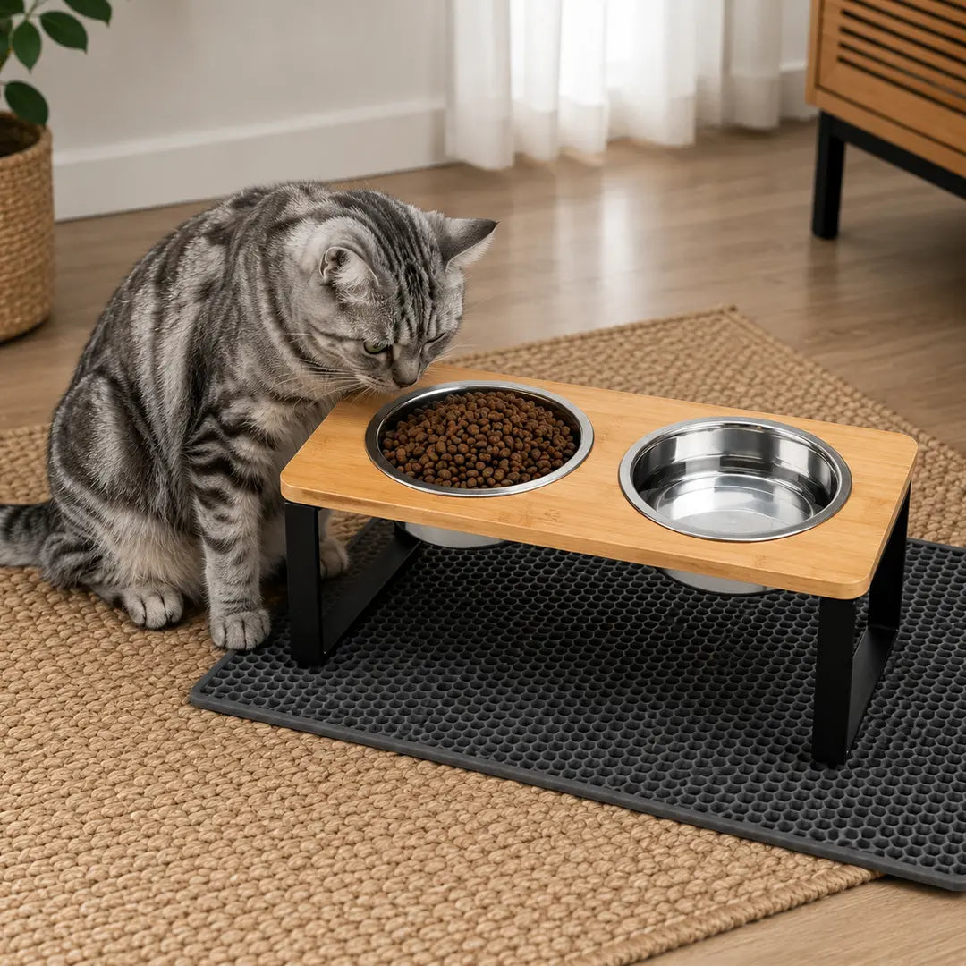 Raised Double Cat Bowl Stand, Stainless Steel Pet Feeding Station