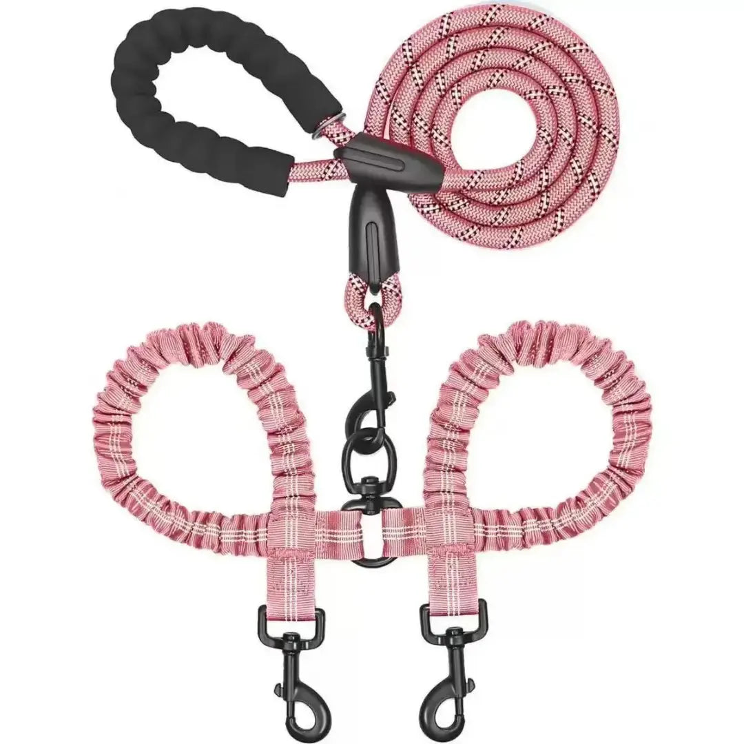 Reflective Twin-Walker Dog Leash with Tangle-Free Coupler for Two Dogs