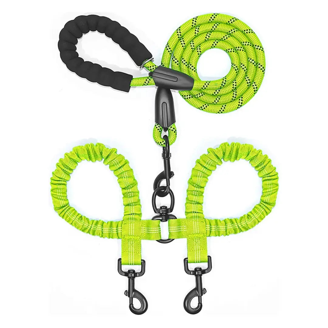 Reflective Twin-Walker Dog Leash with Tangle-Free Coupler for Two Dogs