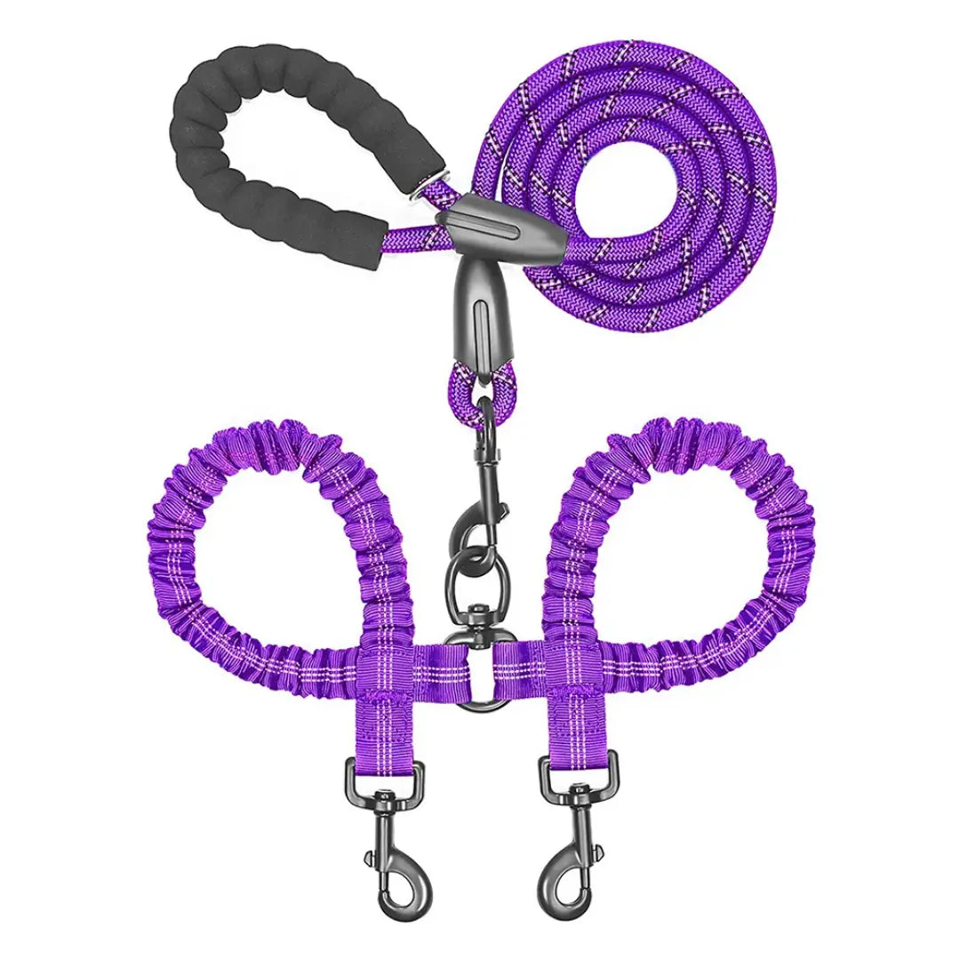 Reflective Twin-Walker Dog Leash with Tangle-Free Coupler for Two Dogs