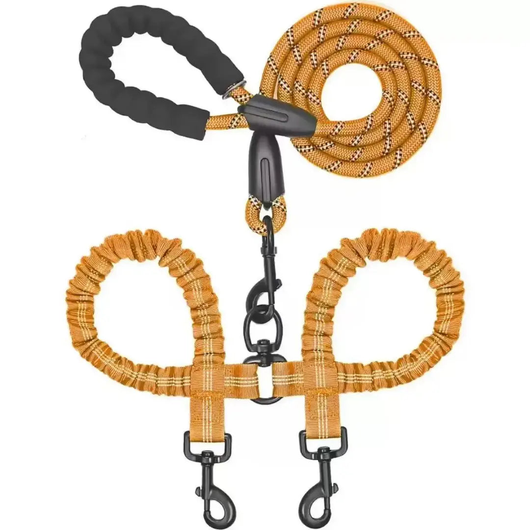 Reflective Twin-Walker Dog Leash with Tangle-Free Coupler for Two Dogs