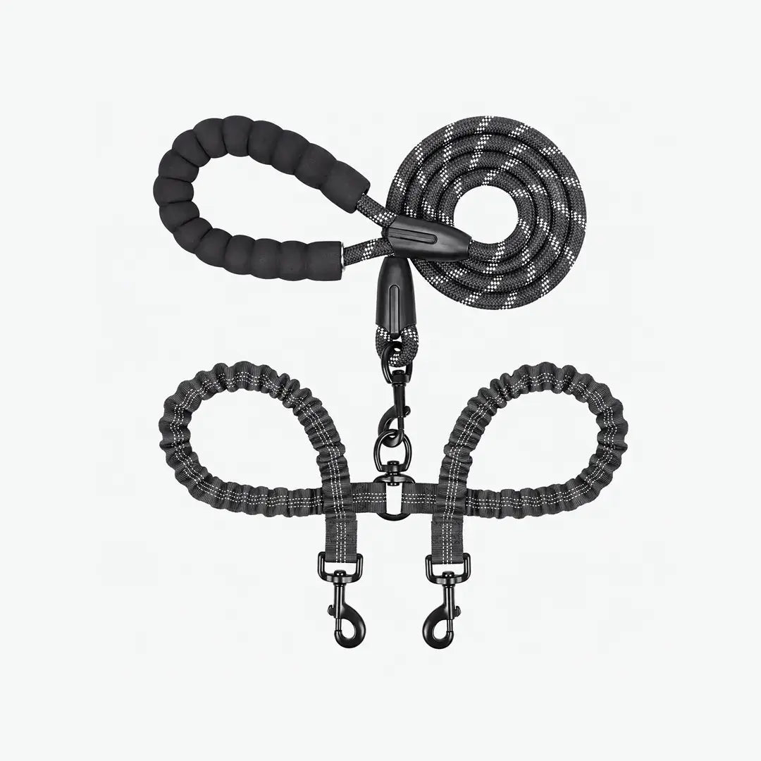 Reflective Twin-Walker Dog Leash with Tangle-Free Coupler for Two Dogs